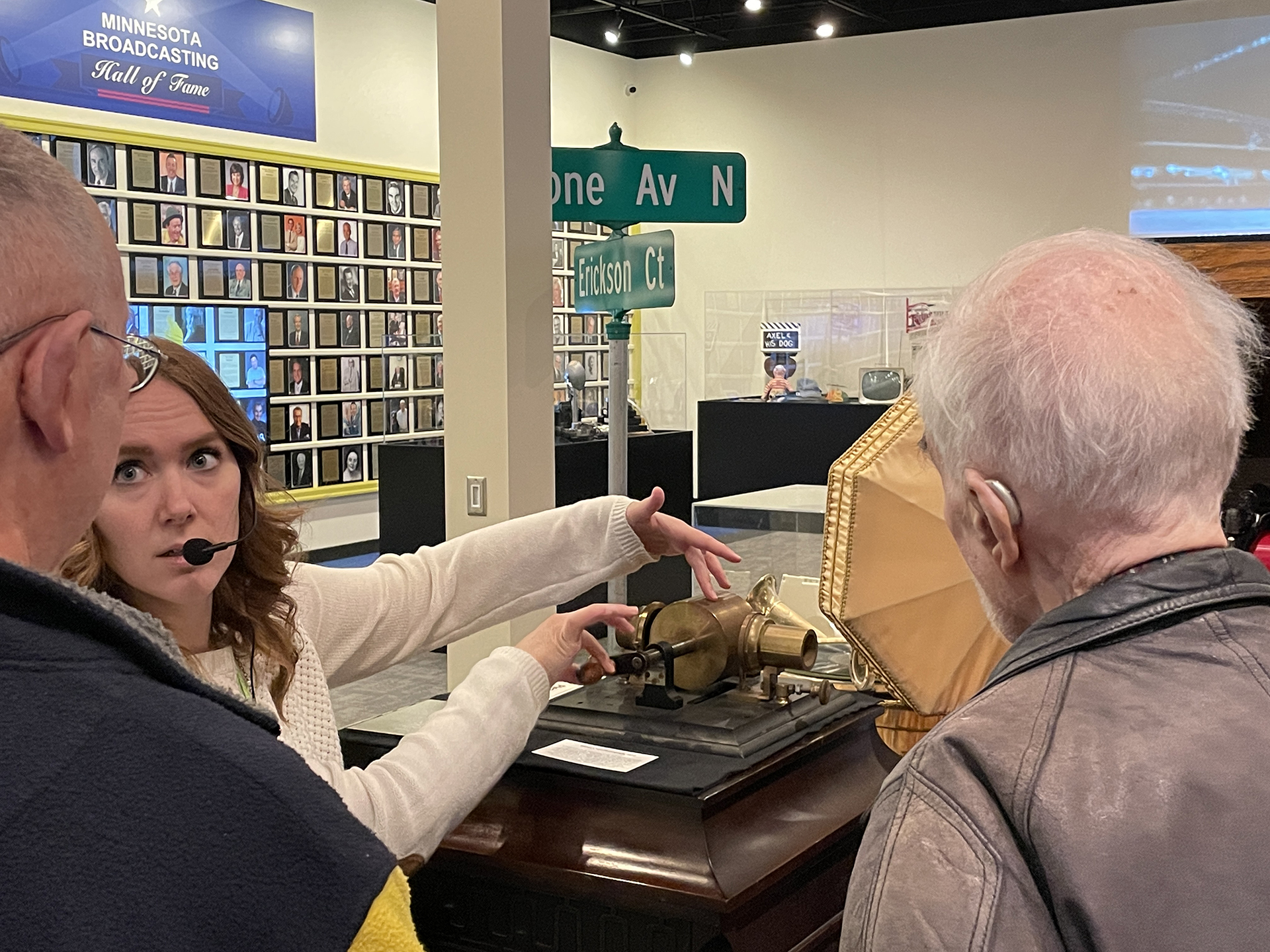 Pavek Museum staff member demonstrating edison tinfoil recorder